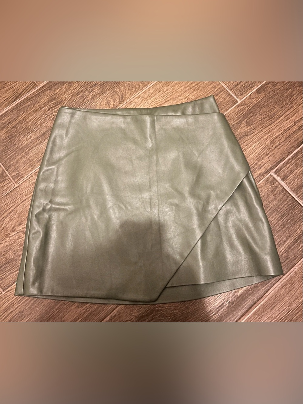 Express Olive Faux Leather Asymmetric Mini Skirt
